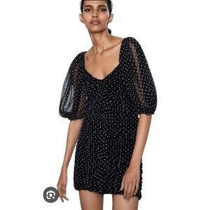 Zara Women’s Romantic Mini Dress S Black Polka Dot Mesh Puff Sleeves Ruched